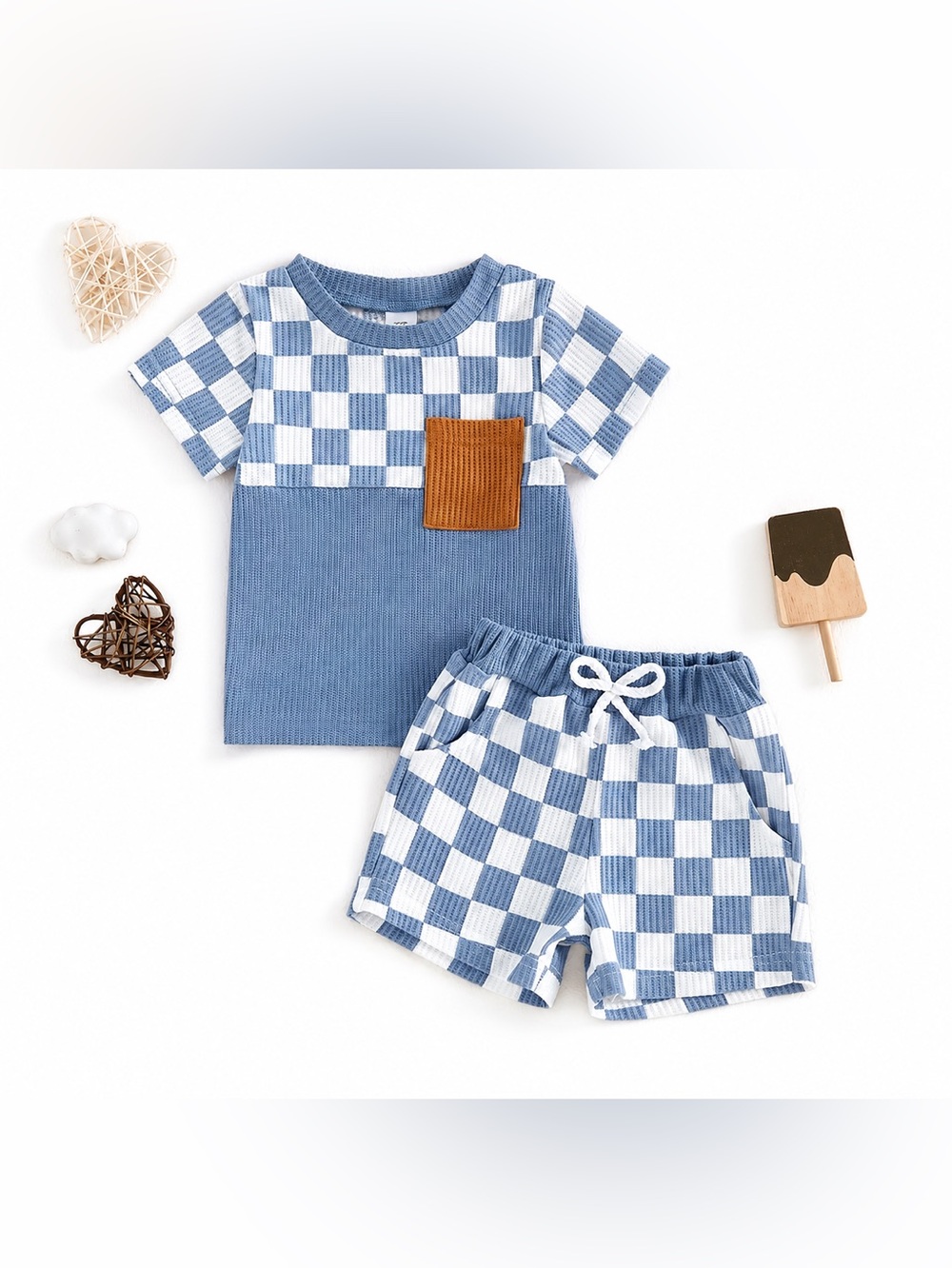 Boys Shorts Set: blue and white checkerboard waffle weave Size 2-3T